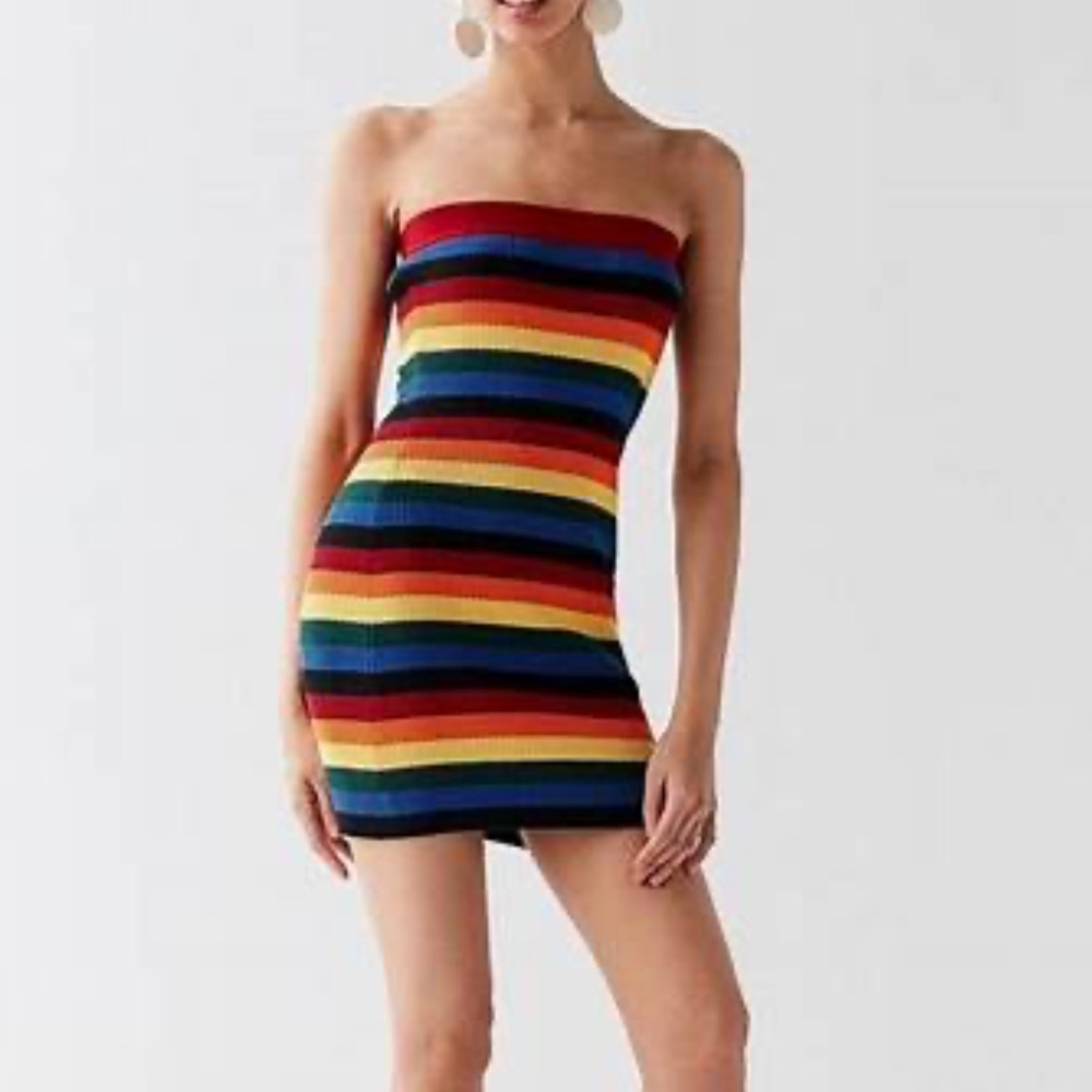Urban Outfitters Rainbow Striped tube strapless knit sweater dress. NWOT Size XS